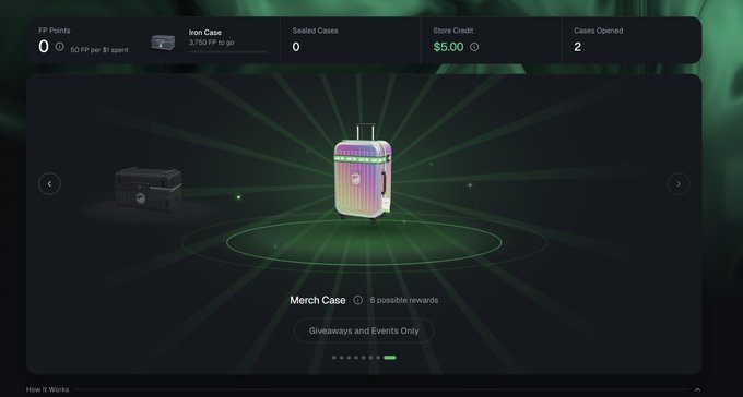 A rewards store interface displays an "Iron Case" available for 3,750 FP to go, with 0 FP Points, 0 Sealed Cases, $5.00 Store Credit, and 2 Cases Opened shown in the top menu. The central showcase highlights a Merch Case with "6 possible rewards" labeled as "Giveaways and Events Only," suggesting a new rewards-related case has been added to the tab.