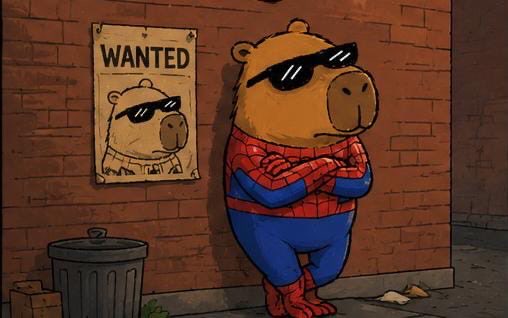 An animated cartoon capybara wearing a Spider-Man costume and sunglasses stands with crossed arms next to a "WANTED" poster of itself.
