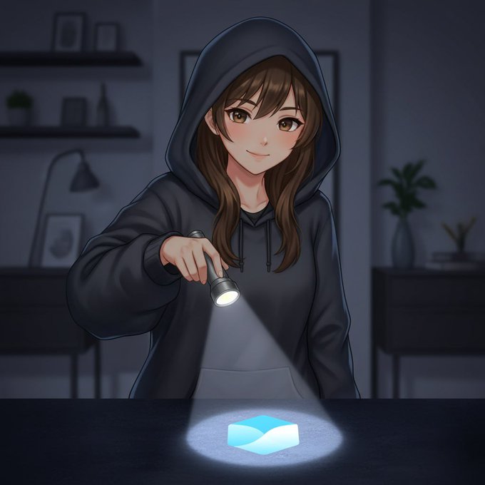 An anime-style illustration of a girl in a dark hoodie holding a flashlight, illuminating a glowing blue heart-shaped object on a table.