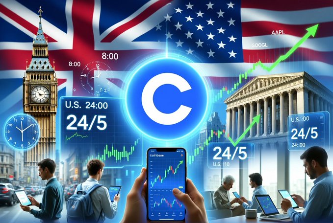 A vibrant collage featuring Big Ben and the US Capitol building, with people trading cryptocurrency on devices, overlaid with US and UK flags, candlestick charts, clocks, and text including 'AAPI', 'GOOGL', '24/5', 'U.S. 24:00', and 'U.S. 110'.