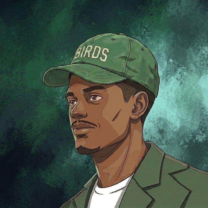 A digital illustration of a man wearing a green cap with 'BIRDS' written on it, set against a textured green background.