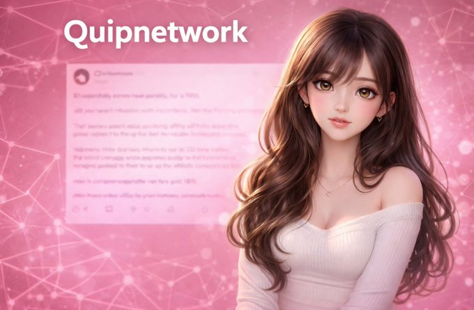 A digital illustration of a brown-haired woman in a white off-shoulder top is featured against a pink background with network graphics and the "Quipnetwork" header, visually tying to the post's emphasis on Quip Network's coordinated compute marketplace.