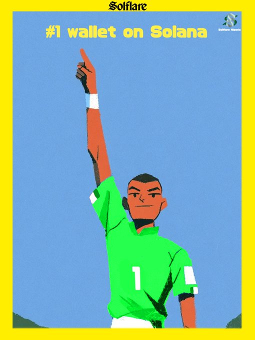 A Solflare promotional graphic declaring '#1 wallet on Solana' featuring an illustration of a soccer referee in green uniform pointing upward against a yellow border.