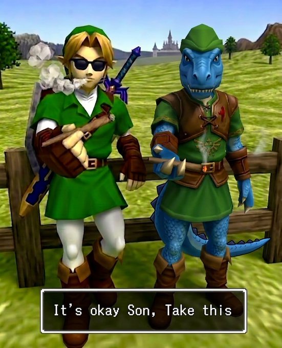 A video game screenshot showing a Link-like character in a green tunic standing next to a blue reptilian creature, with a subtitle reading 'It's okay Son, Take this'.