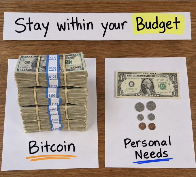 A visual titled “Stay within your Budget” contrasts a large stack of $100 bills labeled “Bitcoin” with one $1 bill and coins labeled “Personal Needs.”