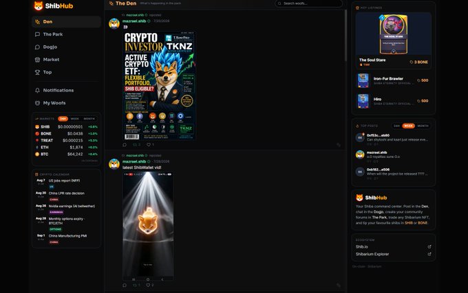 A screenshot of the ShibHub/Shibarium social platform showing crypto posts, listings, and a 'Crypto Investor KNZ' promotional image.