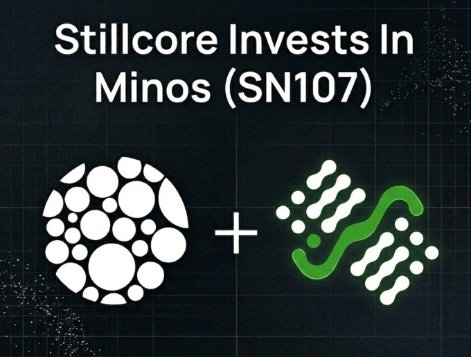 A dark graphic announcing "Stillcore Invests In Minos (SN107)," featuring the Stillcore logo of white circles on the left, a plus sign, and the green Minos logo on the right. The image visually represents the investment partnership between Stillcore Capital and Minos (Bittensor Subnet 107, ticker TAO) mentioned in the announcement.