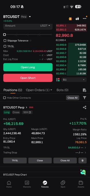 A mobile screenshot of a BTCUSDT Perpetual futures trading interface on Binance shows a profitable long position of $56,215.69 (+117.70%) with an entry price of 81,080.4 and a quantity of 2,444,236.46 USDT. The image supports the "100k-1m challenge update" post, illustrating impressive trading gains shared to attract new members to the Discord community.