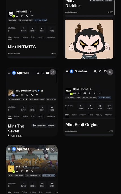 Collage of NFT minting screens from OpenSea showing various collections including INITIATES, Nibblins, The Seven Houses, Kenji Origins, and Yollies Jungle with countdown timers.