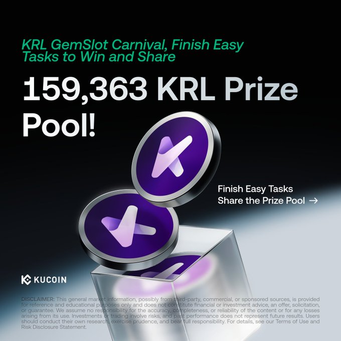 A KuCoin campaign banner promoting the KRL GemSlot Carnival with a 159,363 KRL prize pool, featuring purple KRL coin graphics and text encouraging users to "Finish Easy Tasks, Share the Prize Pool," matching the accompanying post about trading $KRL on KuCoin to enter the Lucky Draw or Trading Carnival.
