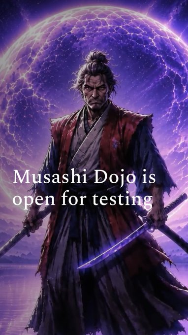 A stoic samurai warrior wielding dual swords stands before a glowing purple moon, with the text "Musashi Dojo is open for testing" overlaid—evoking themes of discipline and mastery that align with the image's reference to Cardano's "Musashi Dojo" testnet for the Ouroboros Leios consensus upgrade.