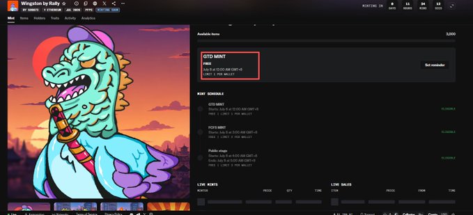 A screenshot of a web page titled "Wingston by Rally rd" featuring a colorful, stylized illustration of a blue monster holding a sword, with an "Autobid" section highlighting a "GTD MINT" bidding option and a "MINT SCHEDULE" below.
