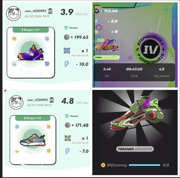 Screenshots from a fitness app called Logger showing running stats and sneaker NFTs, including pairs earning 3.9 and 4.8 GST/Min with images of colorful sneakers.