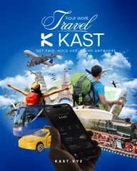 A movie poster titled 'Travel KAST' shows two travelers jumping in the air while holding a smartphone displaying an app interface, with a yellow car and landmarks in the background.