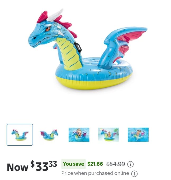 A dragon-shaped inflatable pool float in blue, yellow, and pink is shown with a current price of $33.33, down from $54.99, saving $21.66. The accompanying caption "Current status:" humorously suggests the relief of scoring the discounted float, though no context is provided.