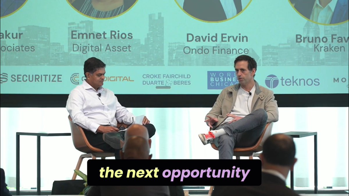 Two men sit on stage at Web3 Investor Day 2026, identified on screen as Emnet Rios of Digital Asset and David Ervin of Ondo Finance, with sponsor logos including Securitize, Croke Fairchild Duarte & Beres, World Business Chicago, and Teknos displayed behind them. The caption "the next opportunity" appears at the bottom, highlighting their discussion about converting idle operating cash flow into tokenized deposits to maintain yield until remittance.