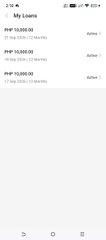 A mobile banking app screen displaying a 'My Loans' section with multiple PHP loan entries showing amounts like 15,000.00, all marked as 'Active'.