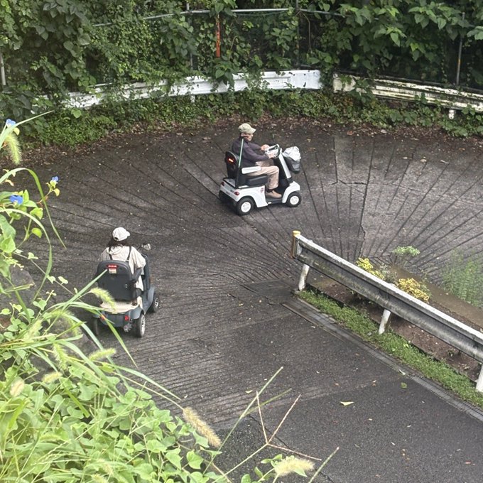 Two people ride mobility scooters along a curving paved path surrounded by greenery. The image appears to show users navigating the route at a leisurely pace, with no visible text or branding to directly connect to the "GROK is way too hot!" caption.