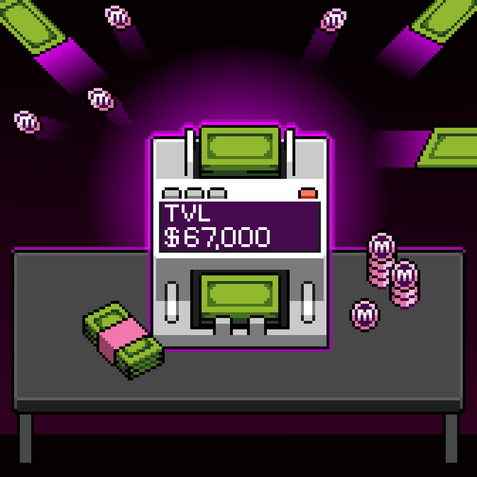 The image features a small arcade-style video game with a purple background featuring a green screen displaying "TVL" and "67,000 Genesis TVL", along with some money and chips scattered around. The text "genesis tvl" is also present in the image. The main focus of the image seems to be on the gaming console rather than the content displayed on it.