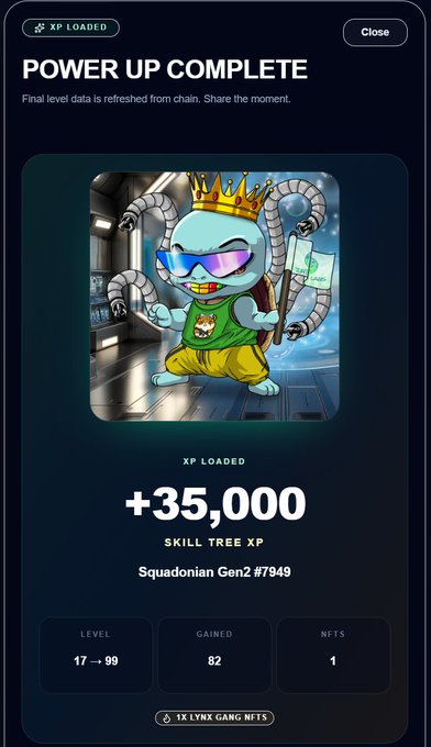 A 'POWER UP COMPLETE' screen showing +35,000 SKILL TREE XP for 'Squadonian Gen2 #7949,' featuring a cartoon octopus character wearing sunglasses, a crown, and a green tank top, with level progress from 17 to 99.
