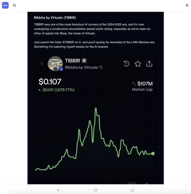 This screenshot shows a newsletter article from "@fomo" detailing the cryptocurrency $TIBBIR, featuring its ticker, current price of $0.107, and a price chart. The article discusses the AI token's performance and potential, aligning with the post's mention of great marketing for $TIBBIR.