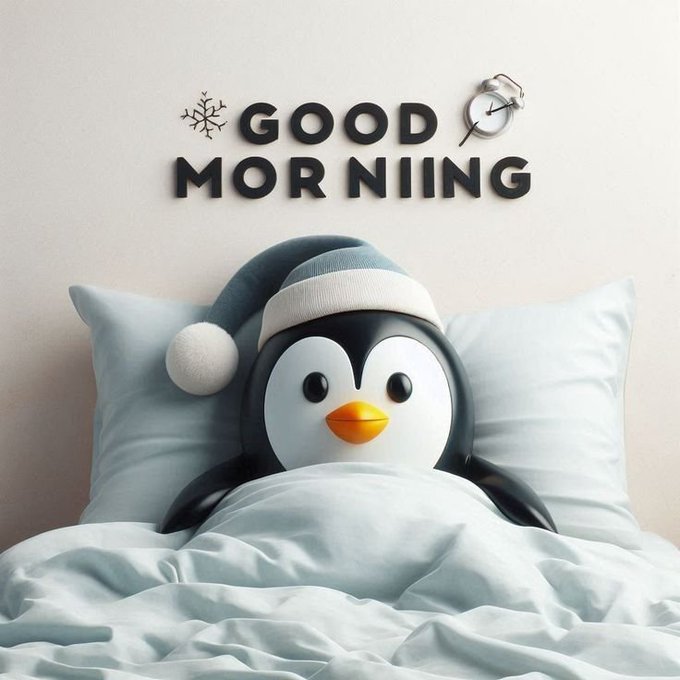A cute penguin plush toy wearing a nightcap lies in bed under blue blankets, with wall decor spelling 'GOOD MORNIING' above it next to an alarm clock.