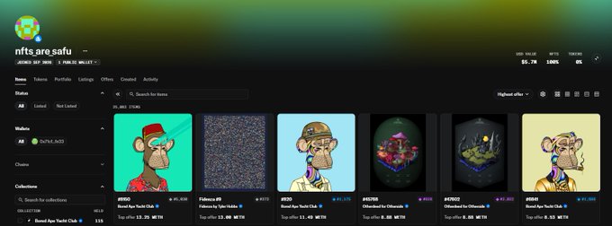 A screenshot of the nfts.are.safu OpenSea profile page displaying a collection of Bored Ape Yacht Club NFTs with various listings and prices.