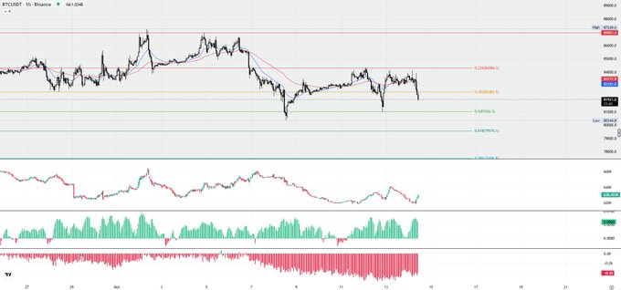 The image shows a TradingView chart of Bitcoin (BTCUSDT) on a 1-hour timeframe, displaying a significant price decline from around $96,000 down toward the $82,000 level, aligning with the post's report that BTC fell below $82K. Supporting indicators include candlestick price action near key Fibonacci retracement levels (0.236 at ~$87,542 and 0.382 at ~$84,652), along with a MACD oscillator and volume bars below the main price chart, visually confirming the volatile sell-off that triggered the $284.03M in liquidations.