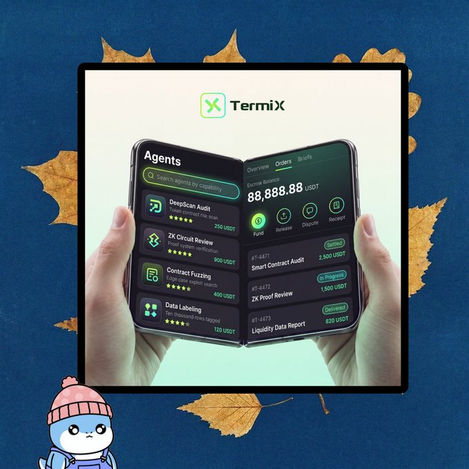 A promotional image for TermiX, showing hands holding a smartphone displaying an "Agents" interface for services like DeepScan Audit, ZK Circuit Review, and Contract Fuzzing, with an Escrow Balance of 88,888.88 USDT.