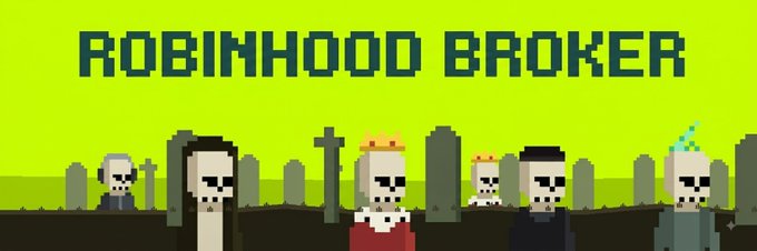 A pixel-art graphic titled "ROBINHOOD BROKER" displays a graveyard scene with various skeletal characters including one wearing a crown and another in a pointed wizard hat, serving as promotional artwork for an RHBrokersNFT whitelist giveaway contest requiring followers, likes, retweets, and a wallet drop within 10 hours.