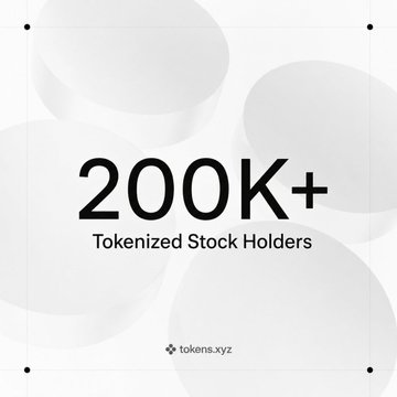 The image shows a white background with black text that reads "200K+ tokenized stock holders". The text is centered above a group of circles arranged in a square pattern, which are all the same size. This design choice creates a sense of balance and symmetry within the image.