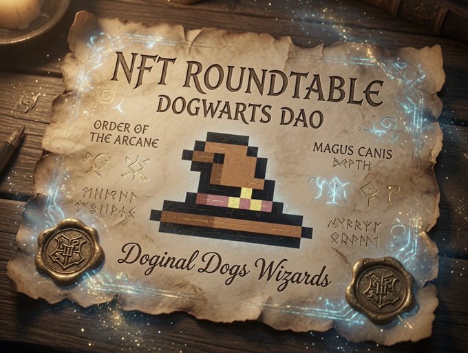 A worn parchment styled as an "NFT Roundtable Dogwarts Dao" placard featuring a pixelated wizard hat and "Doginal Dogs Wizards" text, with glowing runes and golden seals, visually channels the magical hype of the live NFT roundtable event.