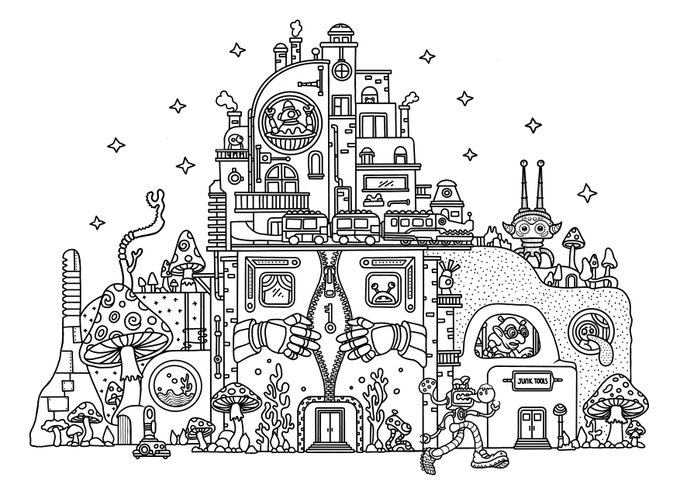 A black and white doodle illustration depicting a whimsical, multi-story building or cityscape filled with quirky characters, mushrooms, a train, and various architectural details under a starry sky.