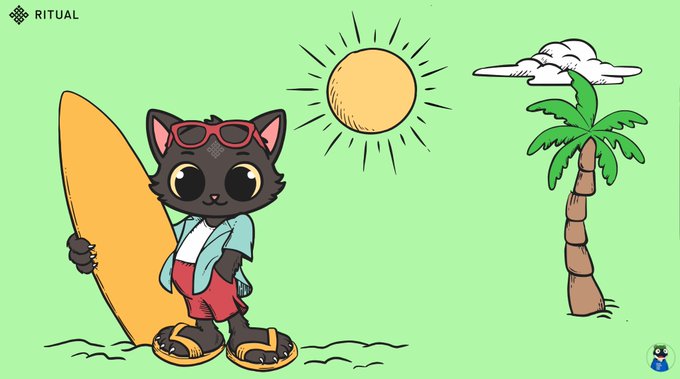 A cartoon illustration of a black cat wearing red sunglasses and a Hawaiian shirt, holding a yellow surfboard on a beach, with a sun, cloud, and palm tree in the background, branded with 'RITUAL' in the corner.