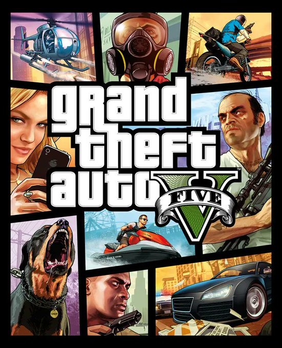 This is the cover art for "Grand Theft Auto V," featuring a collage of characters, vehicles (helicopter, motorcycle, sports car, jet ski), a gas mask, and a Rottweiler, all surrounding the iconic "grand theft auto FIVE" title logo. The image serves as a visual metaphor in the post: just as GTA V leverages dynamic, on-demand open-world gameplay without predetermined resource limits, the advertised service offers flexible, reservation-free server deployment that scales instantly to match demand.