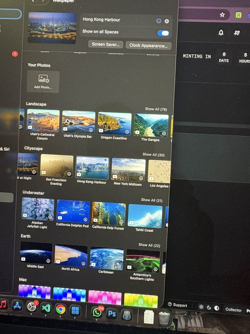 A computer screen displays a screensaver/wallpaper selection menu on macOS, featuring categories like Landscape, Cityscape, Underwater, Earth, and Mac with thumbnails such as "Utah's Cathedral," "San Francisco Evening," "Tahiti Coast," and "Middle East," with "Hong Kong Harbour" currently selected at the top. The image humorously illustrates the post's claim of being too busy exploring screensaver options to worry about any good mint opportunities.