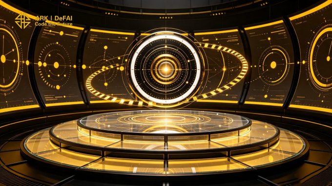 The image showcases a futuristic, high-tech stage with circular displays featuring complex graphical interfaces and the text "ARK | DeFAI Code the future." This visually represents the concept of advanced technology and innovation, aligning with the post's theme of empowering users with AI agents for smarter workflows and progress.