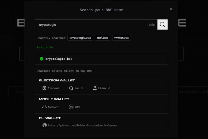 A BNS (Beldex Name Service) domain search interface showing "cryptologic.bdx" as available, with options to download Beldex Wallet for Windows, Mac, Linux, Android, iOS, or CLI. The image illustrates the user securing a human-readable decentralized identity to replace complex wallet addresses in the BeldexCoin ecosystem.