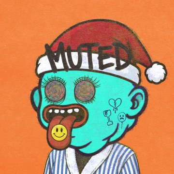 A cartoon character wearing a Santa hat that says 'MUTED,' round glasses, and a striped robe, with a yellow smiley-face tongue sticking out.