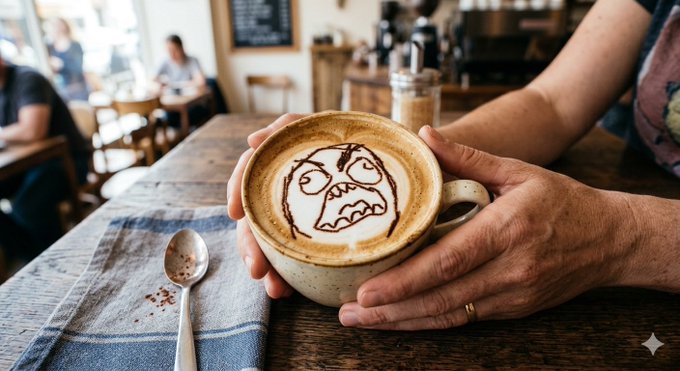 A person holds a ceramic mug of latte featuring whimsical chocolate syrup latte art in a cozy cafe setting, with a spoon resting on a striped cloth in the foreground.