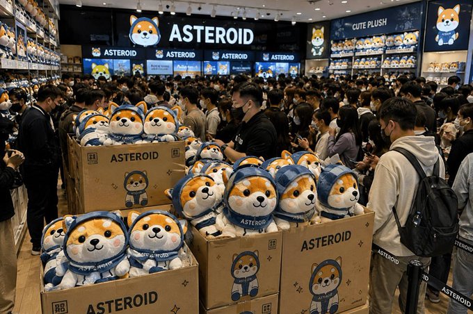 A crowded retail store displays large boxes of "ASTEROID" branded Shiba Inu plush toys, with a "CUTE PLUSH" sign visible in the background.