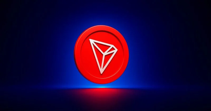 The image features the red TRON (TRX) cryptocurrency logo, a circular emblem with a stylized triangular design, set against a dark blue background with a glowing light effect. This visual ties directly to the post about an upcoming TVM upgrade for the TRON blockchain, highlighting the network's logo as the central symbol of the discussed protocol changes.