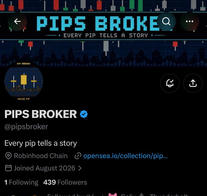A social media profile page for 'PIPS BROKER' (@pipsbroker) with the bio 'Every pip tells a story', showing 439 Followers and references to Robinhood Chain and opensea.io.