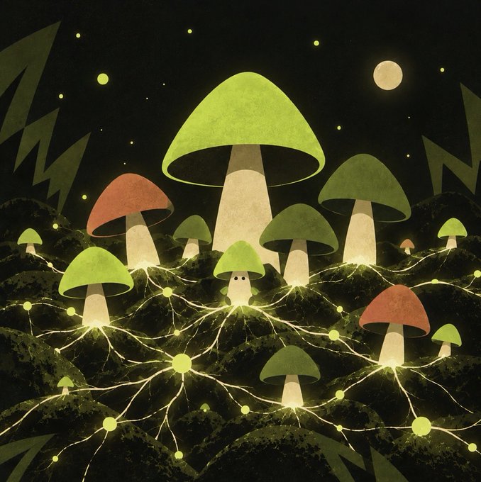 The image depicts a whimsical nighttime forest scene with glowing mushrooms connected by an intricate network of mycelium threads spreading across dark, rolling terrain, where a small cute mushroom character with eyes sits at the center, visually representing Shroom's expanding mycelium network connecting and unifying fragmented liquidity across various assets.