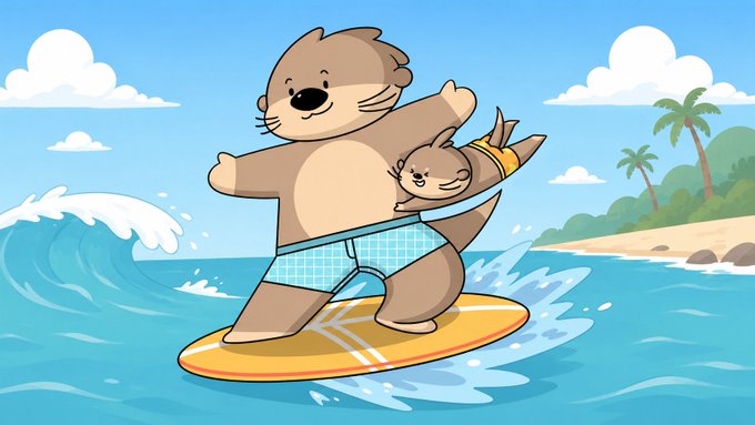 A cartoon illustration of an otter surfing on a yellow surfboard with a baby otter clinging to its back, set against a tropical beach scene.