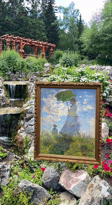 A framed painting of "Madame Monet and Her Son" by Monet depicting a woman with a parasol walking with a child is superimposed on a garden scene with a waterfall, rocks, flowers, and a wooden trellis.