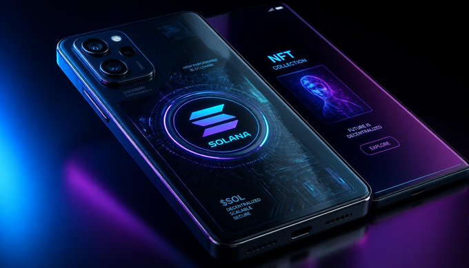 A promotional graphic for Solana ($SOL), displaying two smartphones showcasing the blockchain's logo and an NFT collection interface against a neon blue and purple background.
