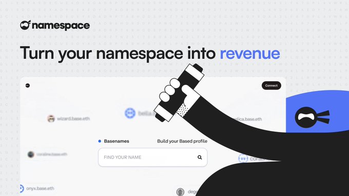 A marketing screenshot for "namespace" with the headline "Turn your namespace into revenue," featuring an illustration of a hand holding a stamp over a basenames search interface.