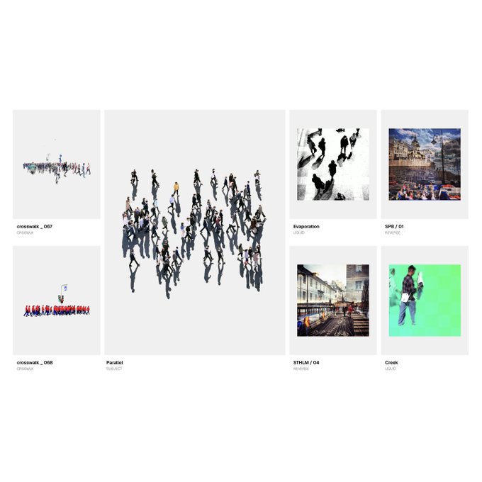 A gallery layout showcasing six album or project artworks with titles including 'crosswalk__067', 'crosswalk__068', 'Parallel', 'Evaporation', 'SPS / 01', 'STHLM / 04', and 'Creak', featuring 3D-rendered figures and urban photography.