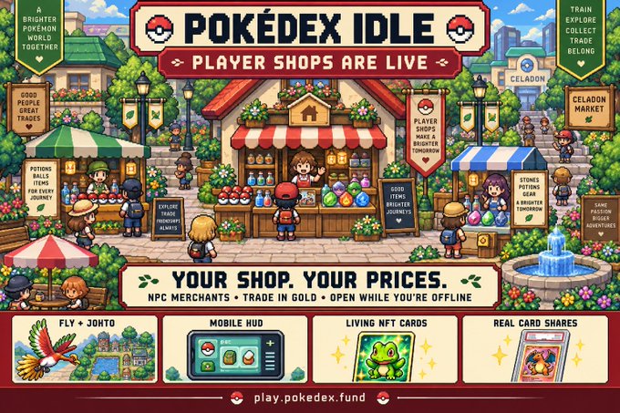 Promotional graphic for 'POKÉDEX IDLE' featuring a pixel-art marketplace scene with the tagline 'YOUR SHOP. YOUR PRICES.' and website play.pokedex.fund.